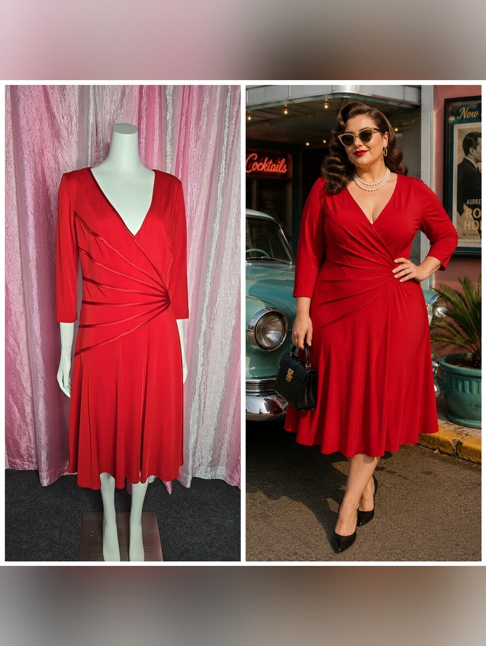 Tadashi Vintage Red Pinup Flared Ruched Waist Slimming Stretch Dress Size 2X